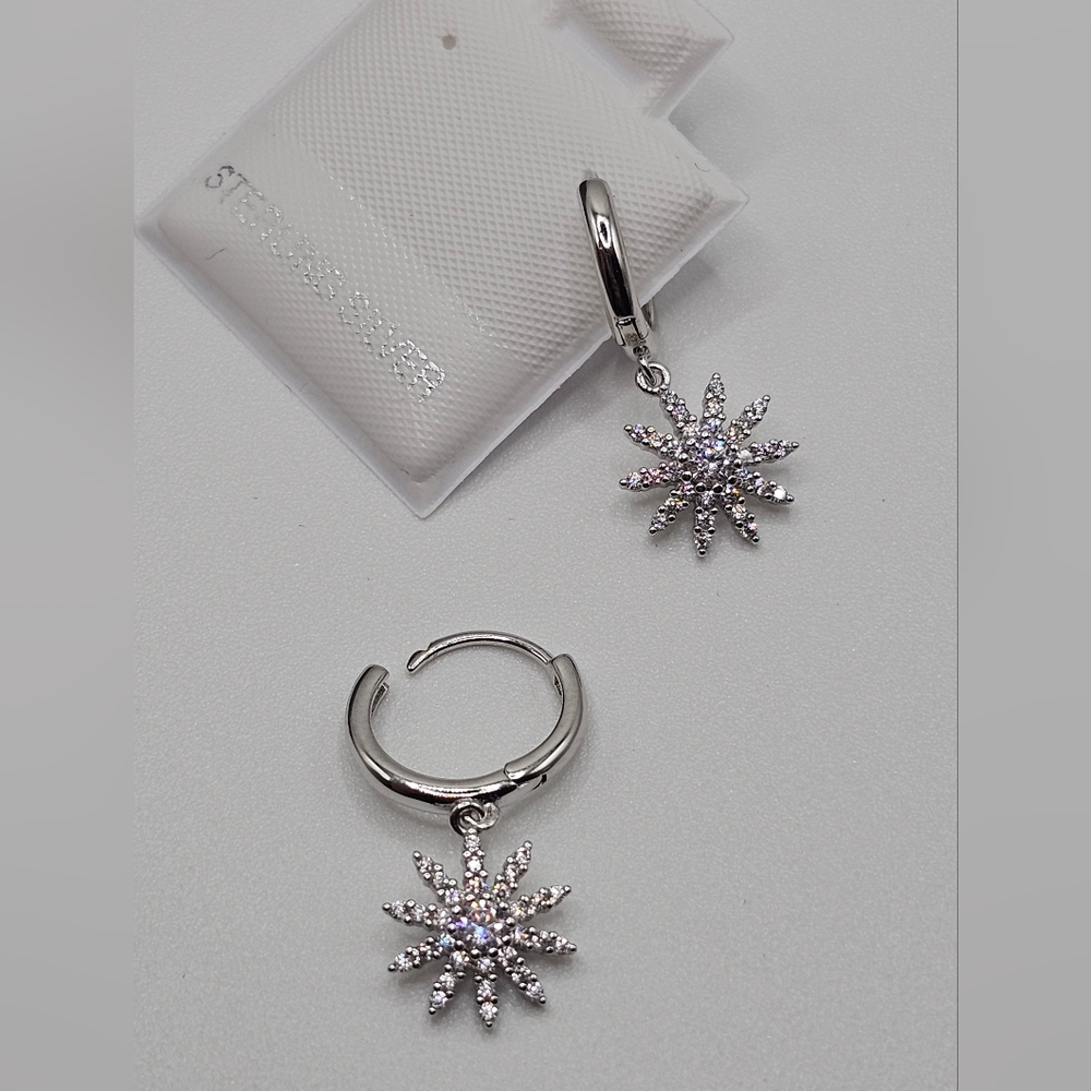 Sterling Silver 925 Rhodium Plated Sun Clear CZ Huggies Hoop Earrings - Picture 4 of 5